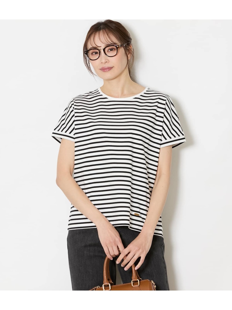 【接触冷感】コットン天竺 フレンチスリーブボーダーカットソー NEWYORKER WOMEN ニューヨーカー トップス カットソー・Tシャツ ブラック【送料無料】[ Fashion]