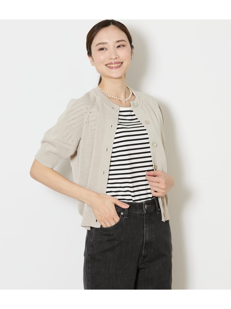 リネンライク天竺 5分袖クルーネックカーディガン NEWYORKER WOMEN ニューヨーカー トップス カーディガン ブルー ベージュ【送料無料】[ Fashion]｜NEWYORKER