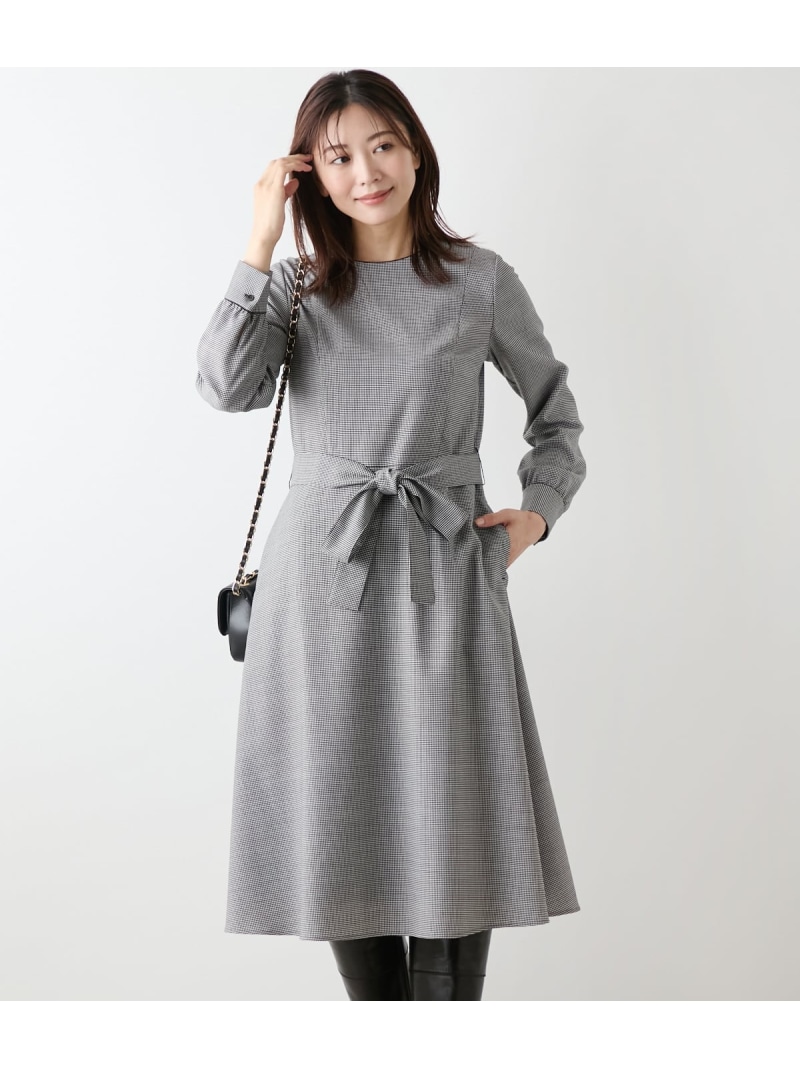【SALE／50%OFF】【ストレッチ】ウール混ハウンドトゥース ウエスト切替えパイピングフレアワンピース NEWYORKER WOMEN ニューヨーカー ワンピース・ドレス ワンピース ネイビー【RBA_E】【送料無料】[ Fashion]