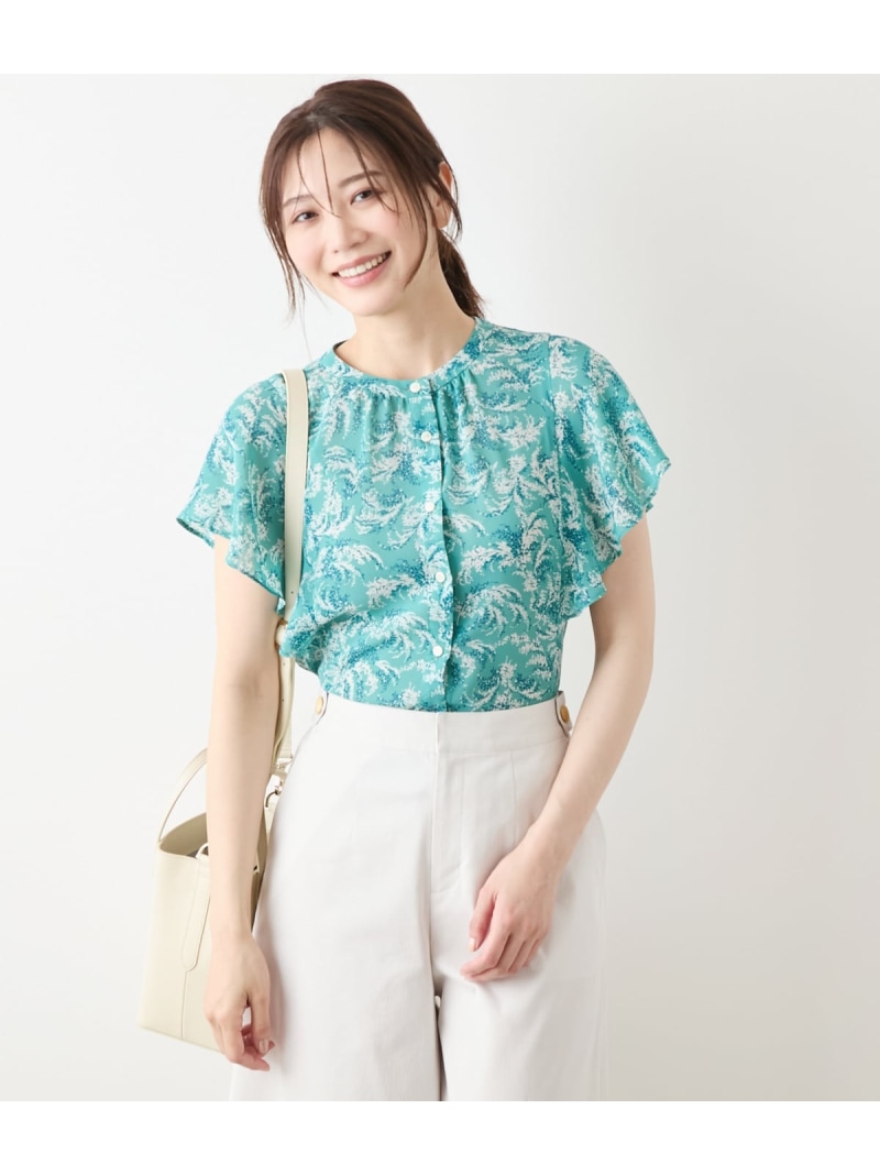 【SALE／27%OFF】【L】リーフブーケプリント ラッフルスリーブブラウス NEWYORKER WOMEN L-SIZE ニューヨーカー エルサイズ トップス シャツ・ブラウス ブルー グリーン【RBA_E】【送料無料】[ Fashion]