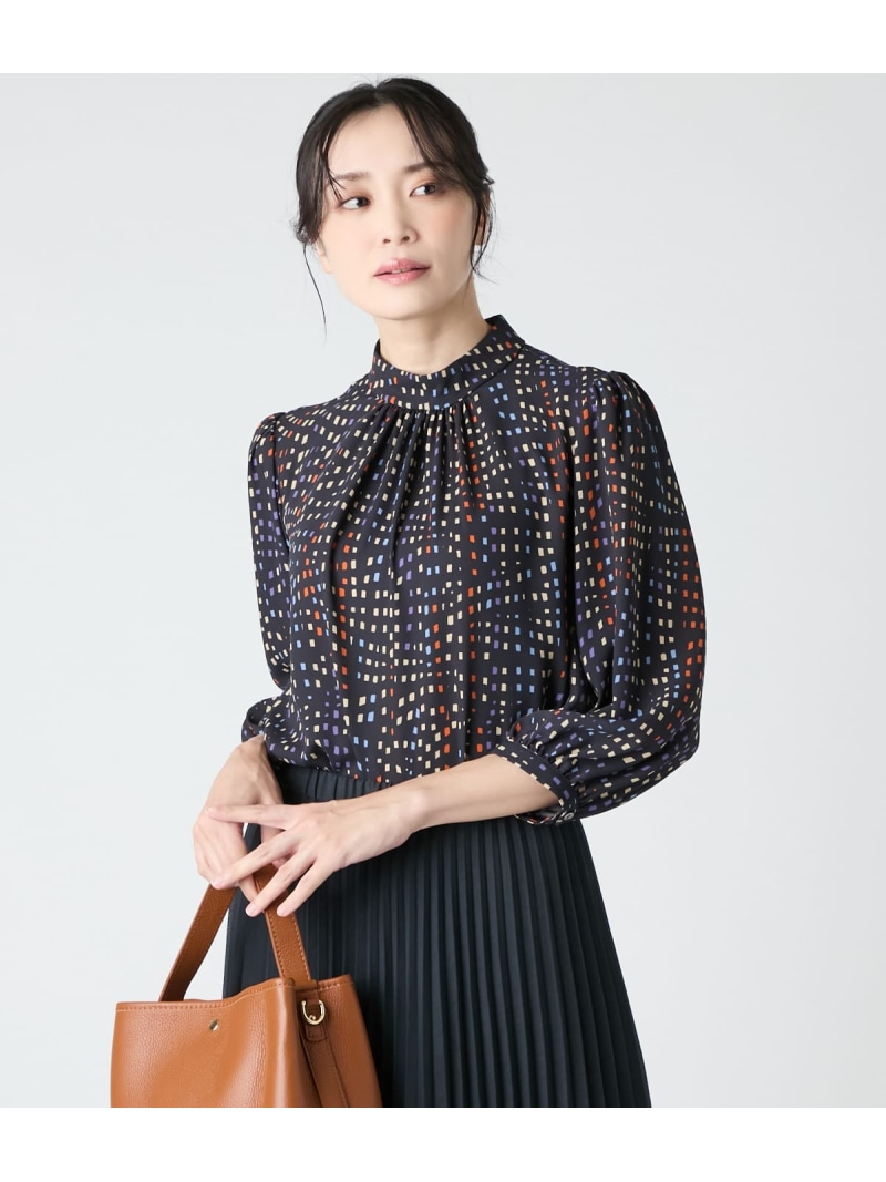 イルミネーションプリント ハイネック七分袖ブラウス NEWYORKER WOMEN ニューヨーカー トップス シャツ・ブラウス ネイビー【送料無料】[ Fashion]