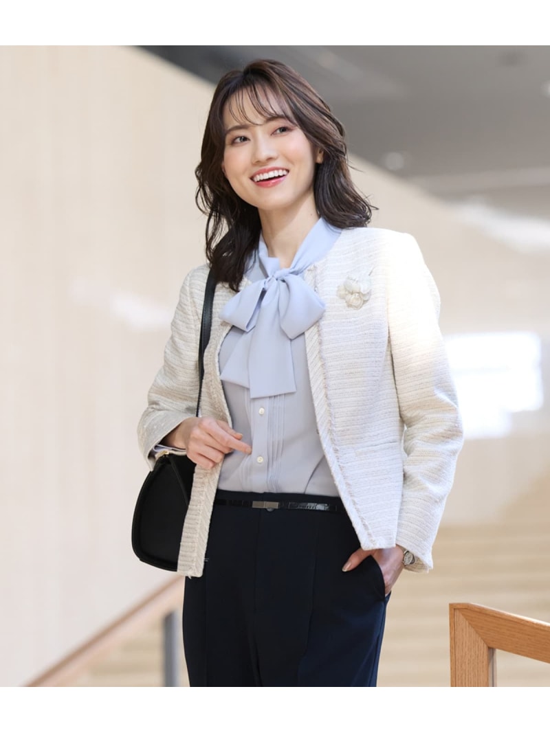 【SALE／50%OFF】【L】ファンシーツィード フリンジノーカラージャケット NEWYORKER WOMEN L-SIZE ニューヨーカー エルサイズ ジャケット・アウター テーラードジャケット・ブレザー ホワイト【RBA_E】【送料無料】[ Fashion]