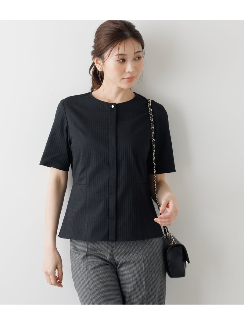 【SALE／37%OFF】【L】ジオメトリックジャカード ペプラム半袖ブラウス NEWYORKER WOMEN L-SIZE ニューヨーカー エルサイズ トップス シャツ・ブラウス ブラック【RBA_E】【送料無料】[ Fashion]