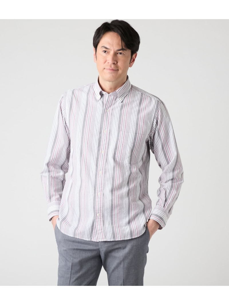 【SALE／50%OFF】サッカー ランダムストライプ 長袖ショートボタンダウンシャツ NEWYORKER MEN ニューヨーカー トップス シャツ・ブラウス レッド ネイビー【RBA_E】【送料無料】[ Fashion]