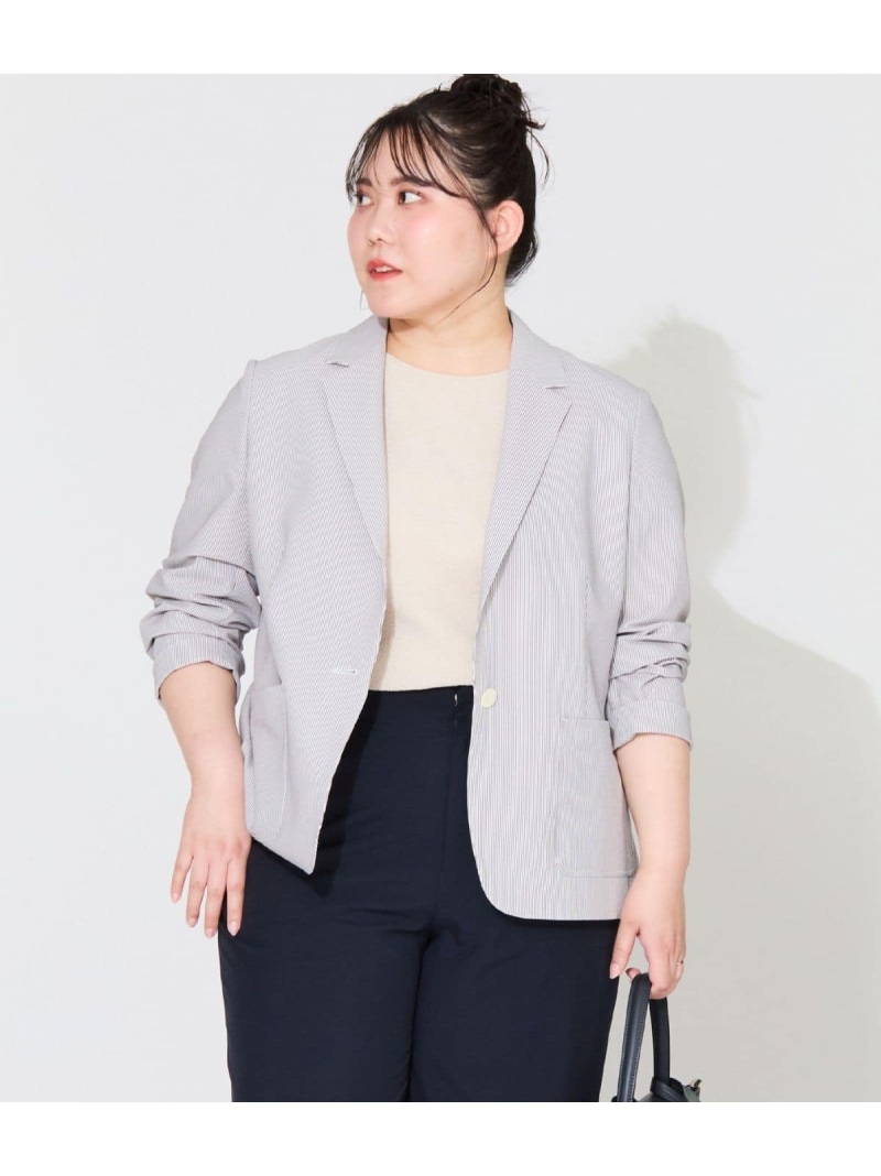 【L】【吸水速乾・ウォッシャブル・ストレッチ】COOLMAXストレッチサッカー 1釦テーラードジャケット NEWYORKER WOMEN L-SIZE ニューヨーカー エルサイズ ジャケット・アウター テーラードジャケット・ブレザー ネイビー グレー【送料無料】[ Fashion]｜NEWYORKER