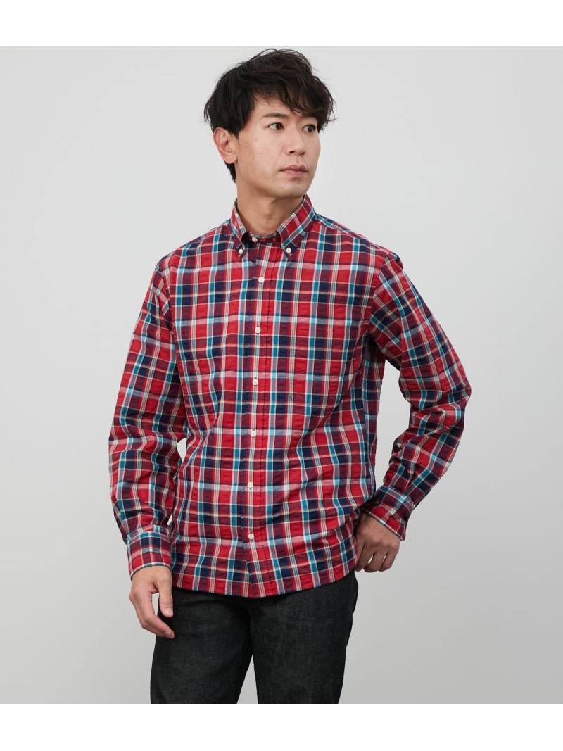 【SALE／60%OFF】【吸水速乾】サッカーマルチマドラスチェック 長袖ショートボタンダウンシャツ NEWYORKER MEN ニューヨーカー トップス シャツ・ブラウス レッド【RBA_E】【送料無料】[ Fashion]