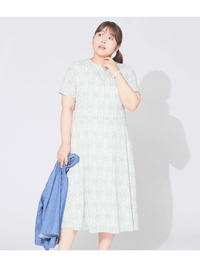 【L】ミモザプリント 半袖フレアワンピース NEWYORKER WOMEN L-SIZE ニューヨーカー エルサイズ ワンピース・ドレス ワンピース ホワイト ネイビー【送料無料】[ Fashion]