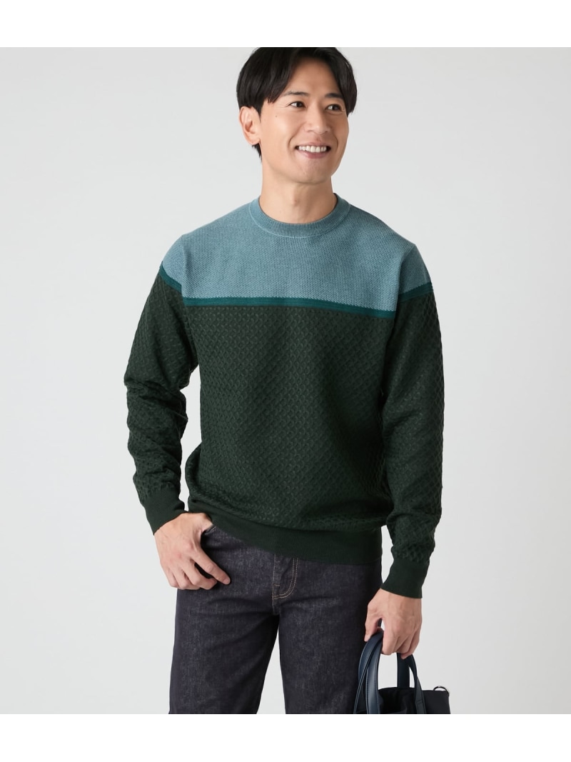 【SALE／30%OFF】【ウォッシャブル】クルーネック ブロッキングニット NEWYORKER MEN ニューヨーカー トップス ニット ネイビー グリーン【RBA_E】【送料無料】[ Fashion]｜NEWYORKER