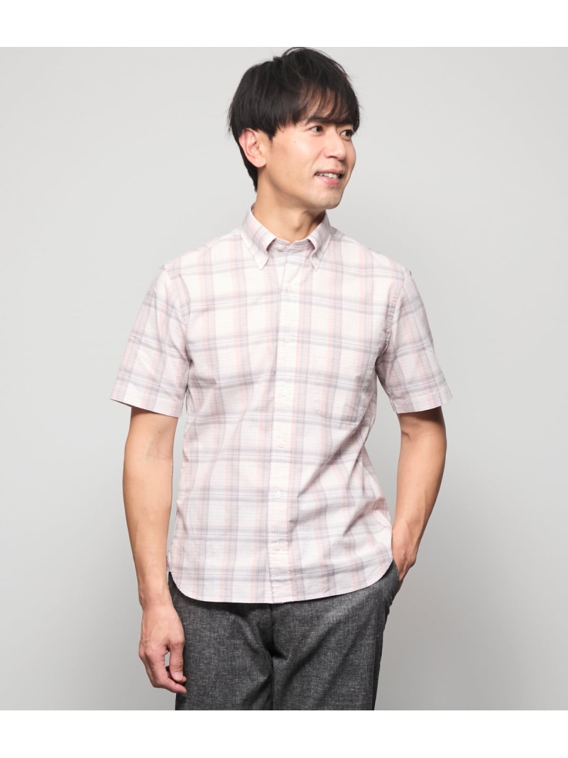 【SALE／20%OFF】ペールスラブ チェック 半袖ショートボタンダウンシャツ NEWYORKER MEN ニューヨーカー トップス シャツ・ブラウス ピンク【RBA_E】【送料無料】[ Fashion]