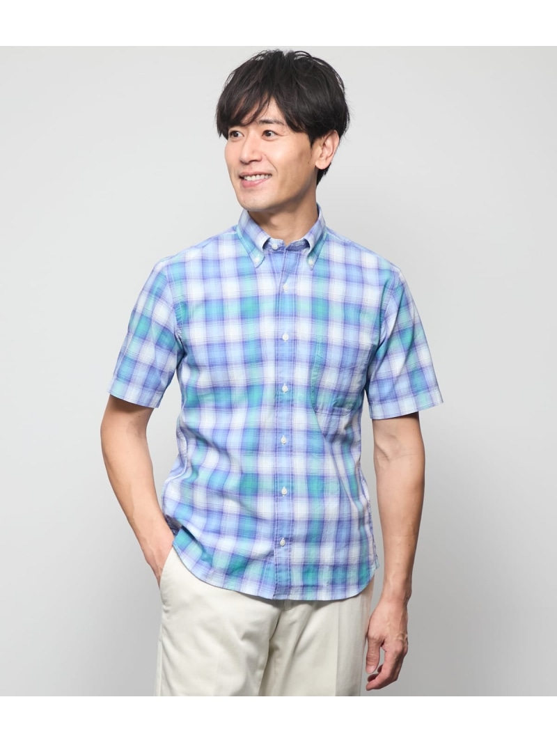【SALE／20%OFF】ペールスラブ オンブレーチェック 半袖ショートボタンダウンシャツ NEWYORKER MEN ニューヨーカー トップス シャツ・ブラウス ブルー【RBA_E】【送料無料】[ Fashion]