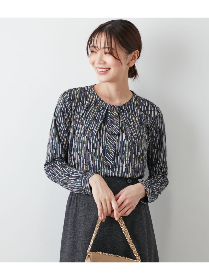【SALE／36%OFF】【L】ポリエステル強撚スムース ランダムレーンプリント ボウタイプルオーバー NEWYORKER WOMEN L-SIZE ニューヨーカー エルサイズ トップス カットソー・Tシャツ ネイビー【RBA_E】【送料無料】[ Fashion]