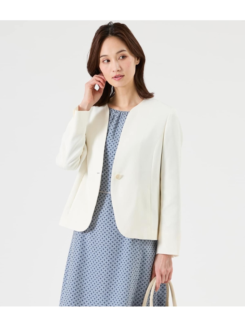 【SALE／39%OFF】【L】ポリエステルブッチャー ノーカラー1釦ジャケット NEWYORKER WOMEN L-SIZE ニューヨーカー エルサイズ ジャケット・アウター テーラードジャケット・ブレザー ホワイト【RBA_E】【送料無料】[ Fashion]｜NEWYORKER