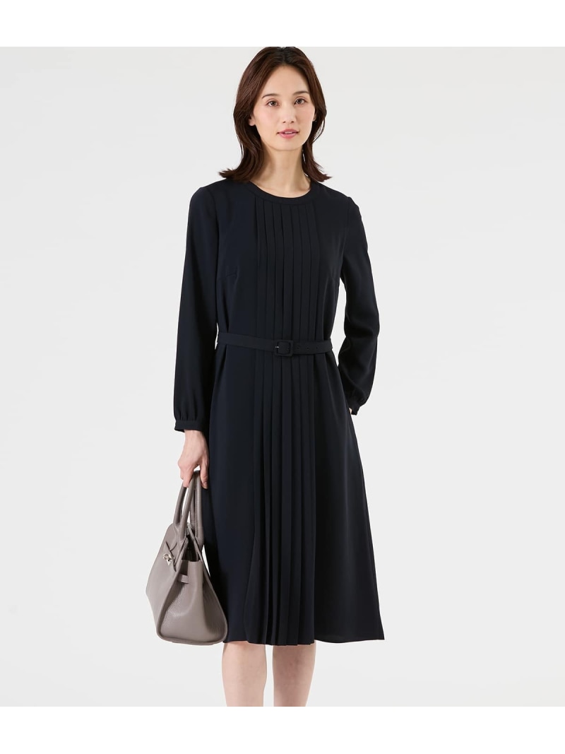 【L】【ウォッシャブル】ライトサテン 長袖フロントプリーツワンピース NEWYORKER WOMEN L-SIZE ニューヨーカー エルサイズ ワンピース・ドレス ワンピース ネイビー【送料無料】[ Fashion]