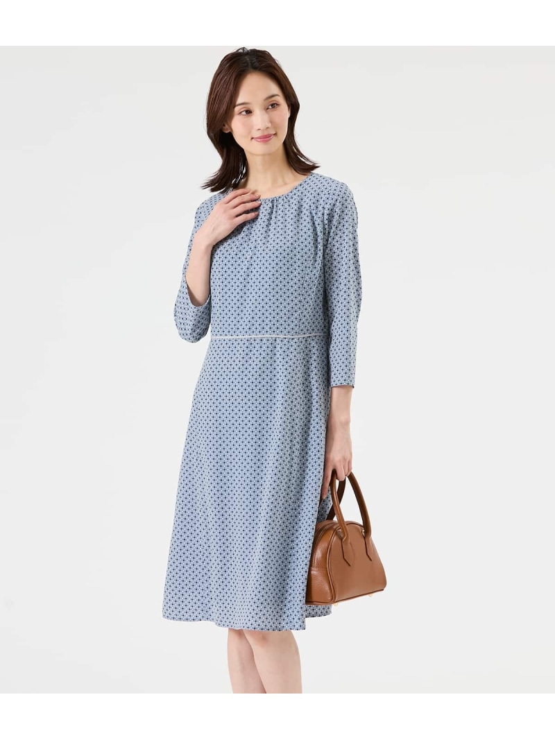 【L】【ウォッシャブル】ジオメトリックプリント 7分袖クルーネックドレス NEWYORKER WOMEN L-SIZE ニューヨーカー エルサイズ ワンピース・ドレス ワンピース ネイビー ブルー【送料無料】[ Fashion]