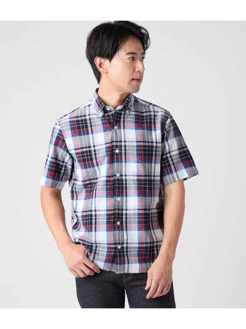 【SALE／30%OFF】サッカービッグタータン 半袖ショートボタンダウンシャツ NEWYORKER MEN ニューヨーカー トップス シャツ・ブラウス ブルー ホワイト【RBA_E】【送料無料】[ Fashion]｜NEWYORKER