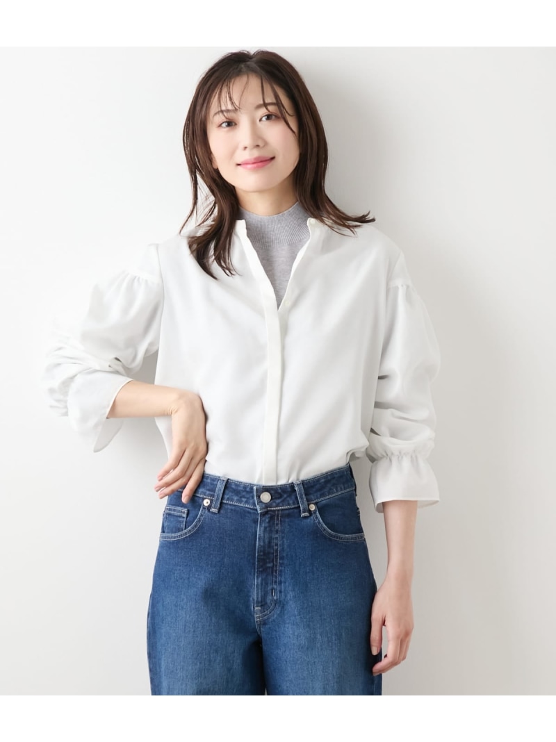 【SALE／40%OFF】【L】ダンガリーツイル ギャザーフリルブラウス NEWYORKER WOMEN L-SIZE ニューヨーカー エルサイズ トップス シャツ・ブラウス ホワイト ブルー【RBA_E】【送料無料】[ Fashion]｜NEWYORKER