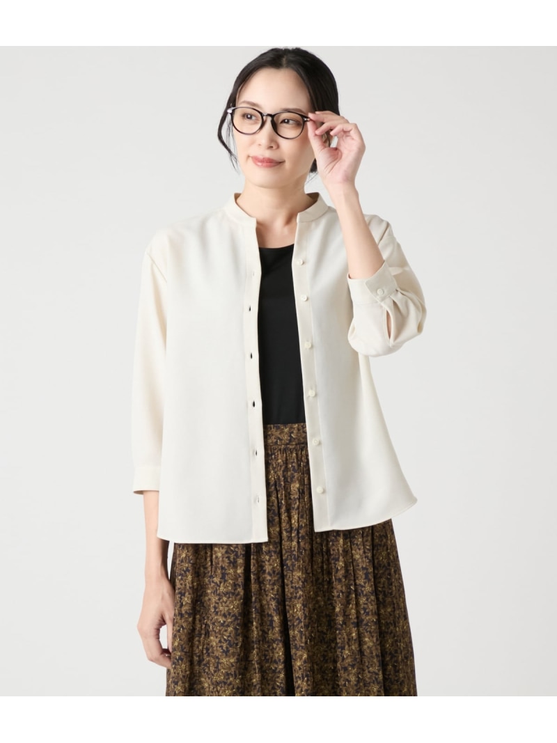 【SALE／41%OFF】ドライクロス 7分袖スタンドカラーシャツ NEWYORKER WOMEN ニューヨーカー トップス シャツ・ブラウス グレー ネイビー【RBA_E】【送料無料】[ Fashion]