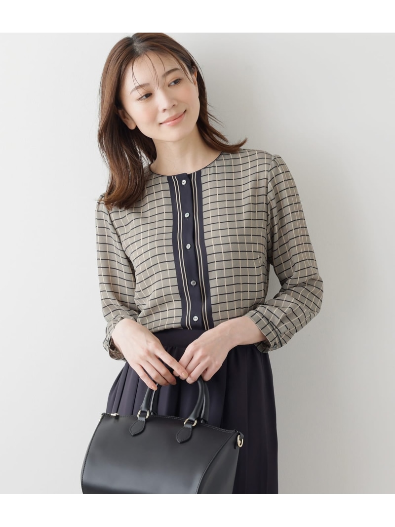 【SALE／50%OFF】チェックパネルプリント 8分袖ノーカラーブラウス NEWYORKER WOMEN ニューヨーカー トップス シャツ・ブラウス ベージュ【RBA_E】【送料無料】[ Fashion]