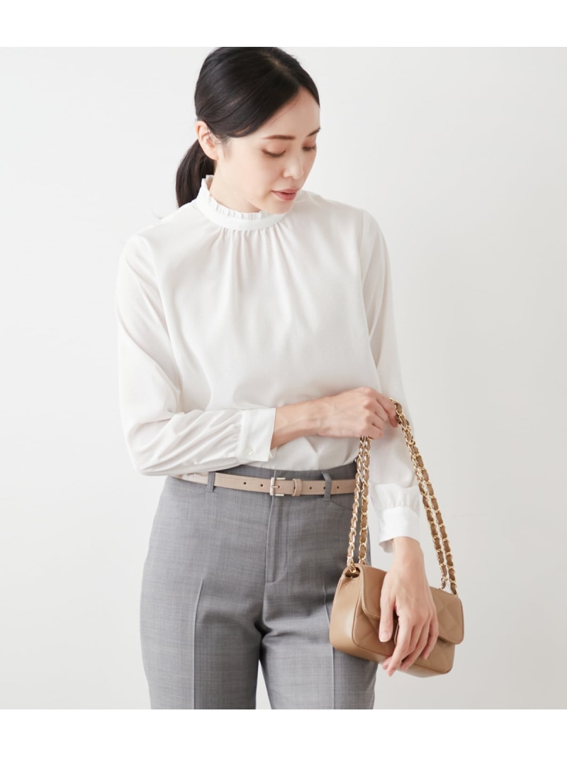 【SALE／40%OFF】【L】ミニドットデシン フリルスタンドギャザーブラウス NEWYORKER WOMEN L-SIZE ニューヨーカー エルサイズ トップス シャツ・ブラウス ホワイト ブルー【RBA_E】【送料無料】[ Fashion]｜NEWYORKER