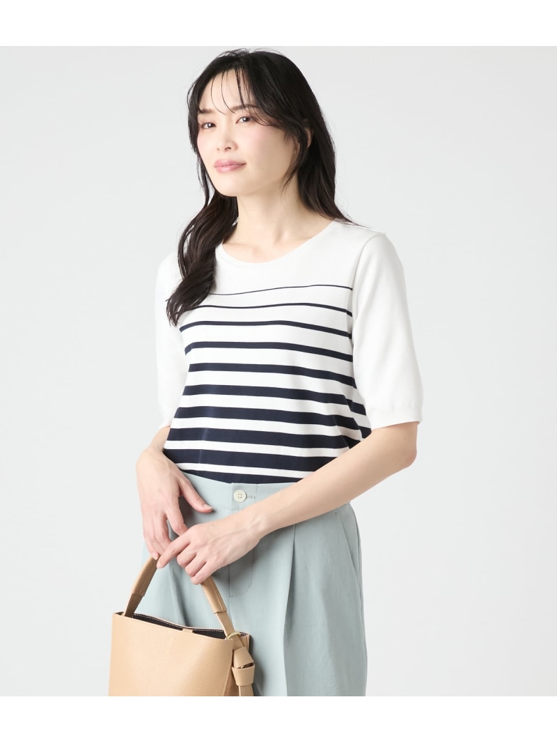 【SALE／16%OFF】【L】コットンポンチグラデーションボーダー 5分袖プルオーバー NEWYORKER WOMEN L-SIZE ニューヨーカー エルサイズ トップス カットソー・Tシャツ ホワイト【RBA_E】【送料無料】[ Fashion]