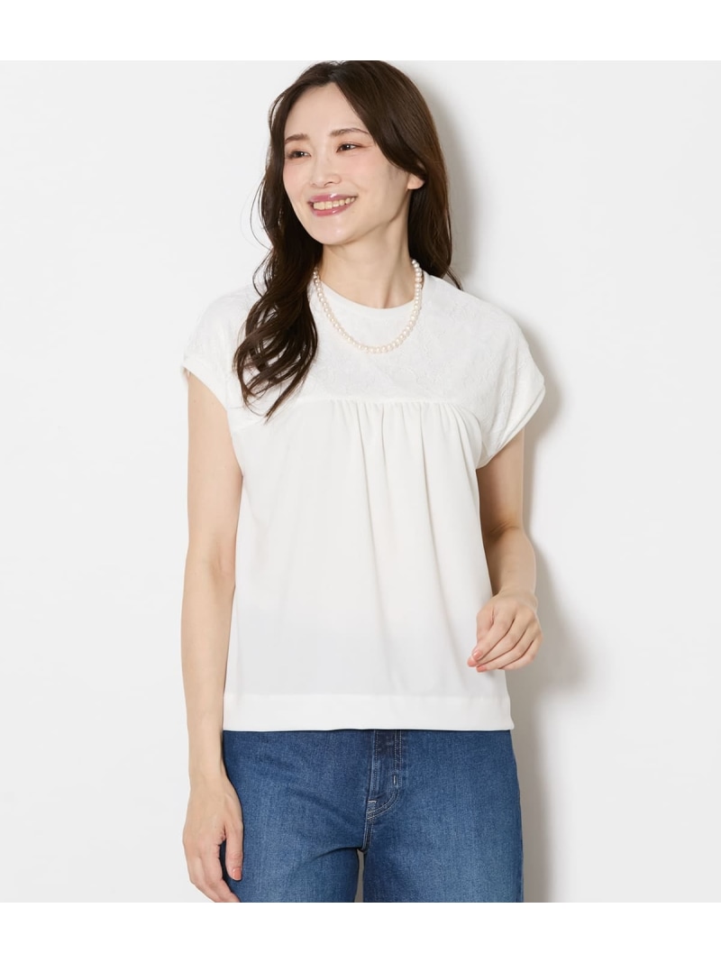 【大きいサイズ】前後2WAYレース切替えカットソー レディース イージーケア NEWYORKER WOMEN L-SIZE ニューヨーカー エルサイズ トップス カットソー・Tシャツ ブラック ブルー ホワイト【送料無料】[ Fashion]｜NEWYORKER