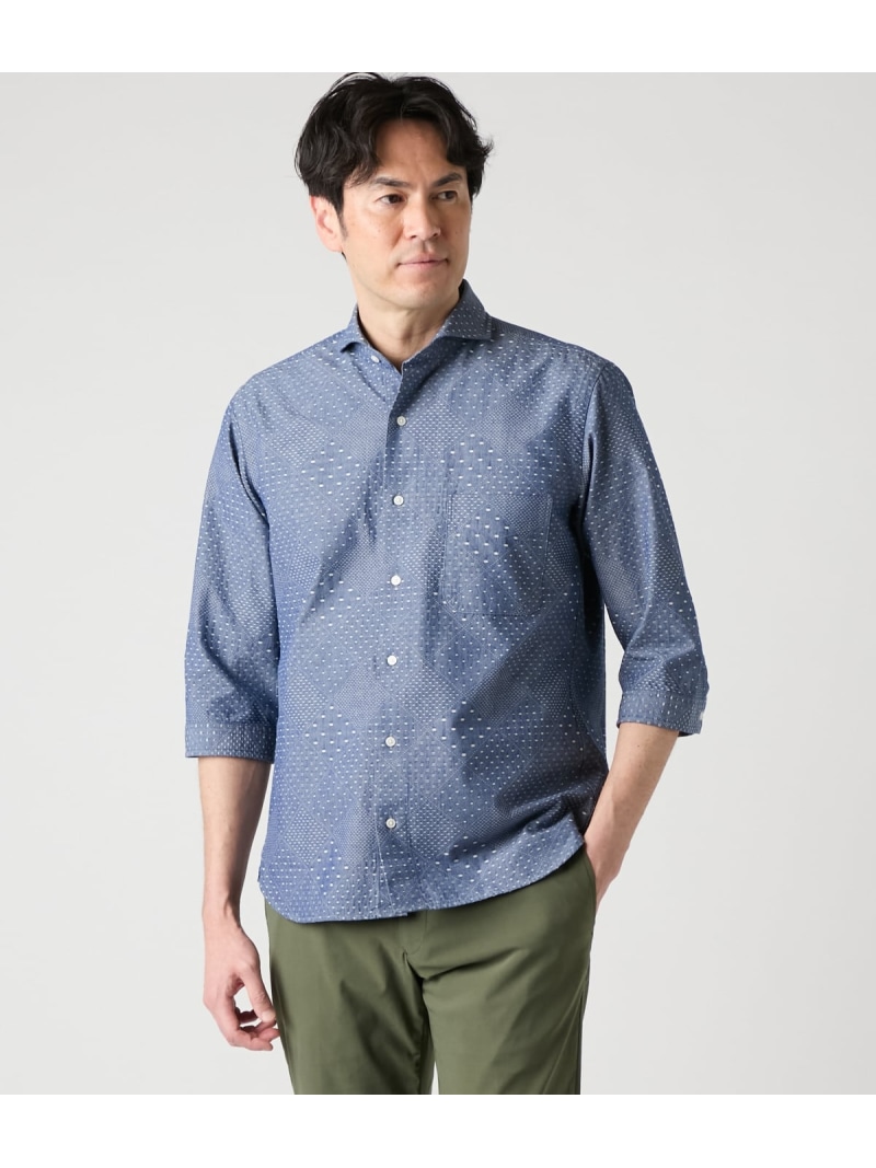 【SALE／50%OFF】ジャカード ダイヤ 七分袖カッタウェイカラーシャツ NEWYORKER MEN ニューヨーカー トップス シャツ・ブラウス ブルー【RBA_E】【送料無料】[ Fashion] の商品写真