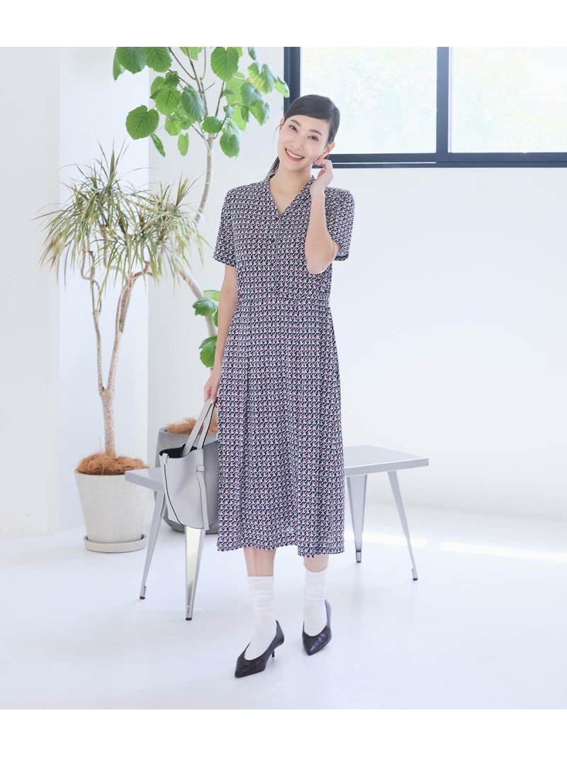 強撚スムースナイトキューブプリント 半袖Vネックワンピース NEWYORKER WOMEN ニューヨーカー ワンピース・ドレス ワンピース グリーン ピンク【送料無料】[ Fashion]｜NEWYORKER