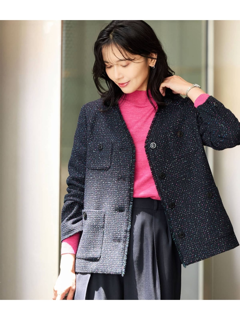 【SALE／30%OFF】ネオンカラーミックスツィード ノーカラージャケット NEWYORKER WOMEN ニューヨーカー ジャケット・アウター テーラードジャケット・ブレザー ネイビー【RBA_E】【送料無料】[ Fashion]