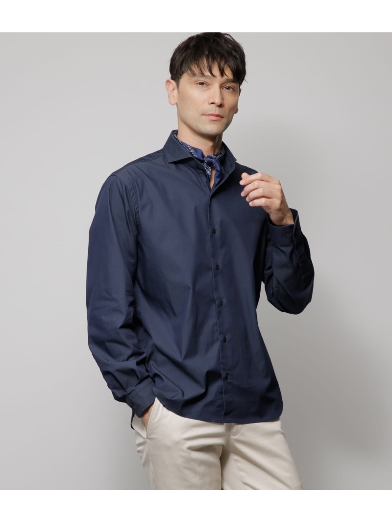 【SALE／31%OFF】【ストレッチ】シャンブレーツイル 長袖カッタウェイカラーシャツ NEWYORKER MEN ニューヨーカー トップス シャツ・ブラウス ネイビー【RBA_E】【送料無料】[ Fashion]