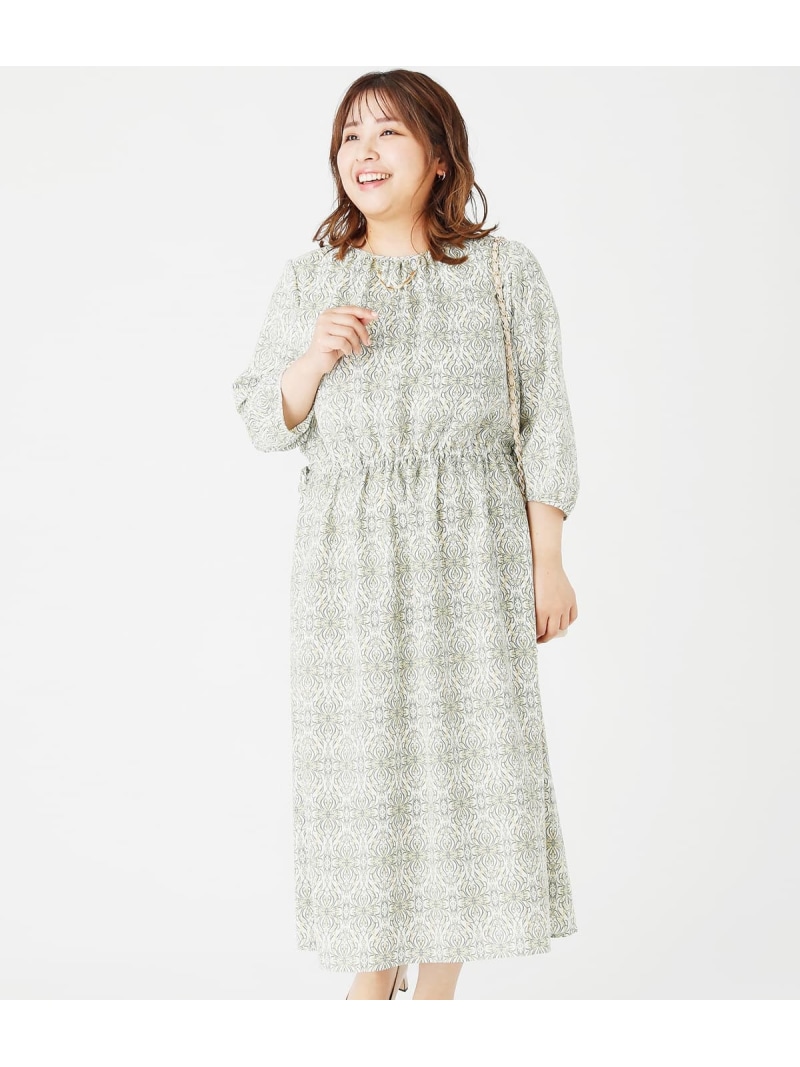 【SALE／25%OFF】【L】ミモザプリント ドロスト7分袖ワンピース NEWYORKER WOMEN L-SIZE ニューヨーカー エルサイズ ワンピース・ドレス ワンピース ホワイト【RBA_E】【送料無料】[ Fashion]