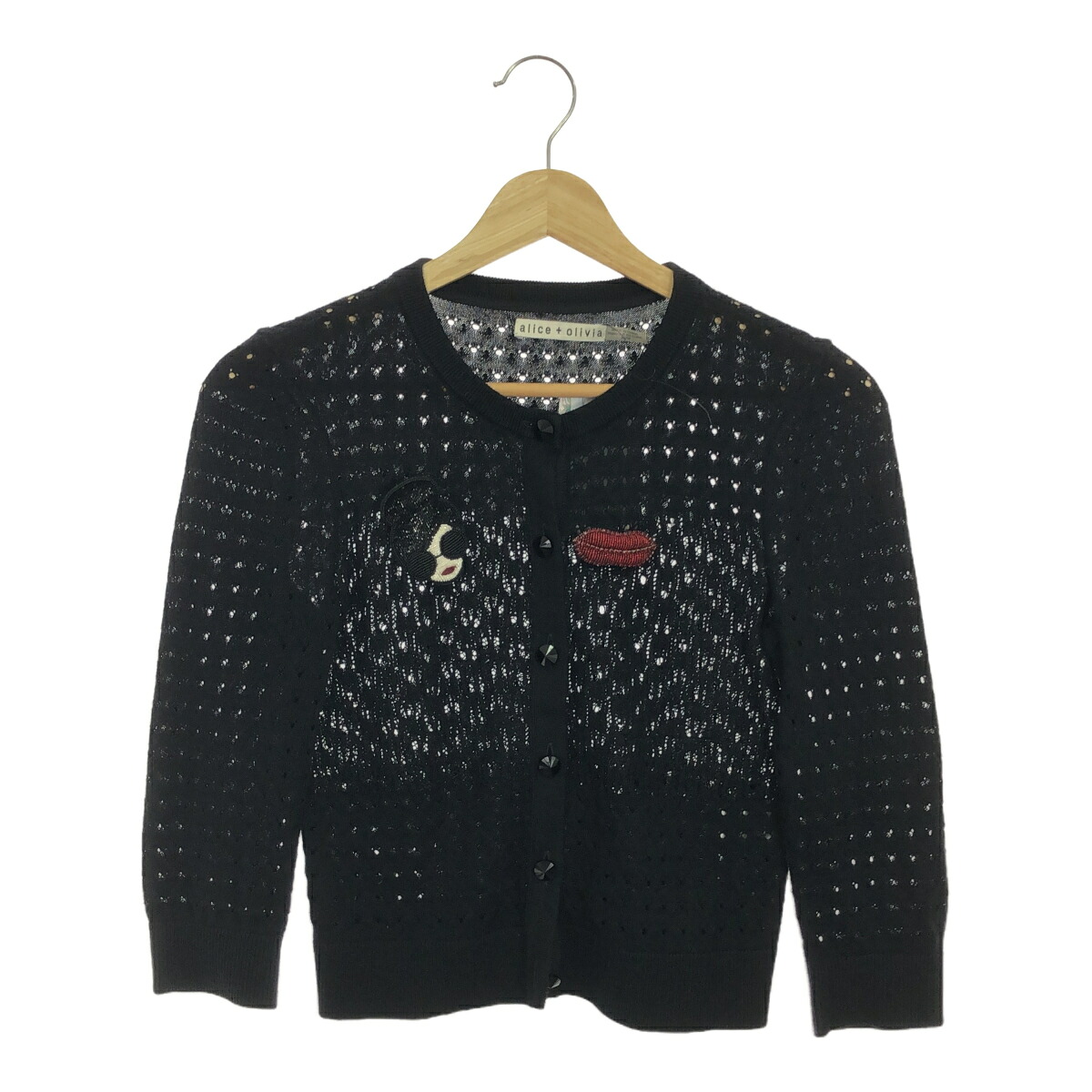 alice+olivia アリスアンドオリビア トップス ジレー 黒いこと 綿織物 胸飾り XS大いさ 前食い違い 心地よい 唇 レディース お上さん 分かりやすい 三国ケ丘店 ITCFNP0FL33K 【中古】 RM2135R レディースファッション-カーディガン・ボレロ