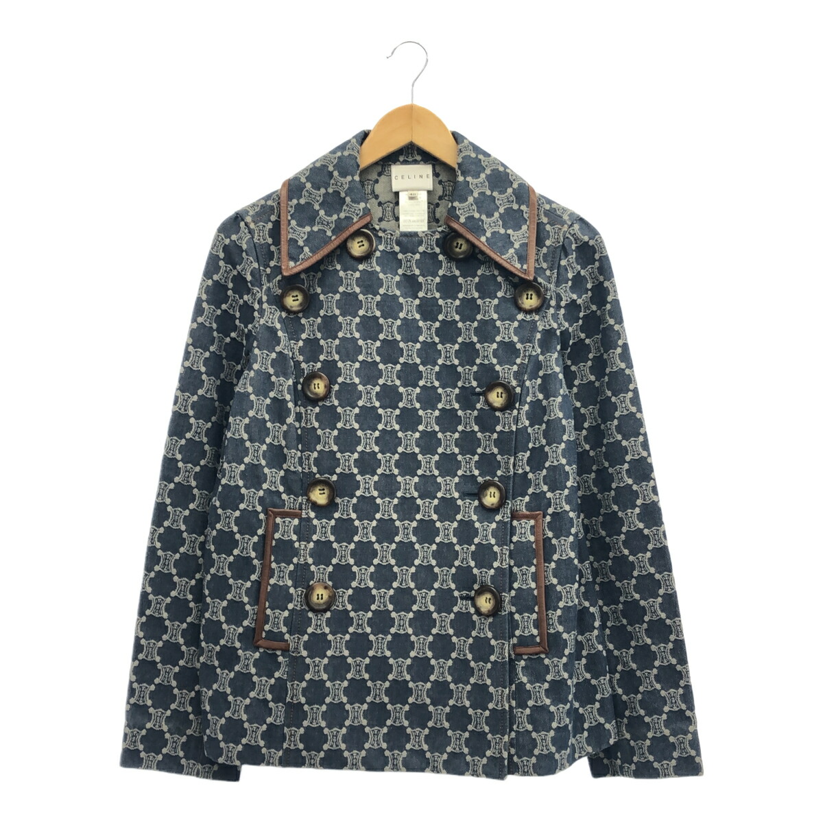 CELINE セリーヌ トリオンフ DENIM PEA COAT パイピングレザー デニムピーコート 40 フランス共和国製 レディース 青色 VINTEGE ヴィンテージ 古着 三国ケ丘店 ITCSMF3KXM3C 【中古】 RM298V