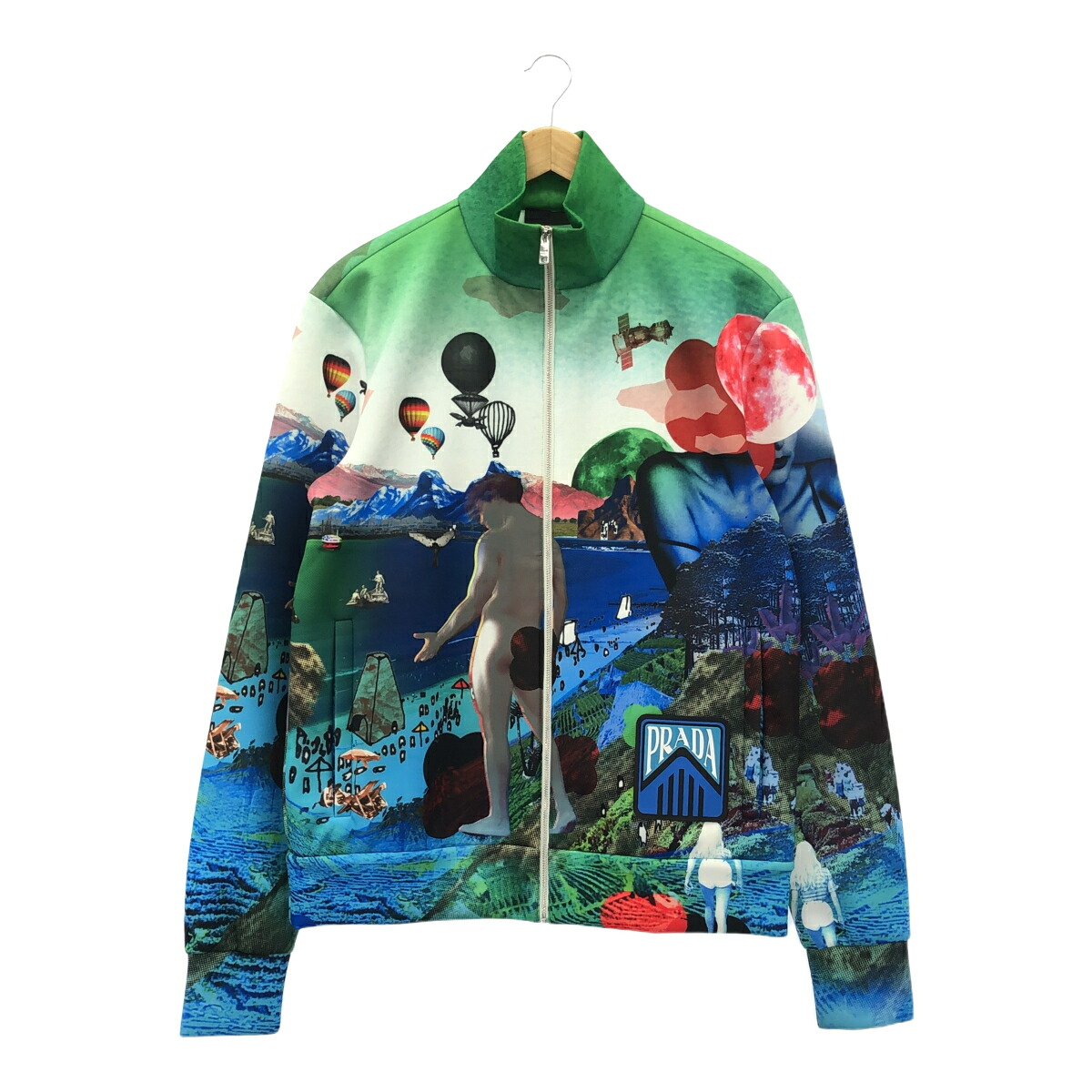 PRADA プラダ 19SS トラックジャケット Flashback Print High ジップジャケット ラバーパッチ 総柄 メンズ Ｍ ブルー グリーン UJL058 三国ケ丘店 IT21ZVWIGEDA 【中古】 RM317V｜NEXT51店