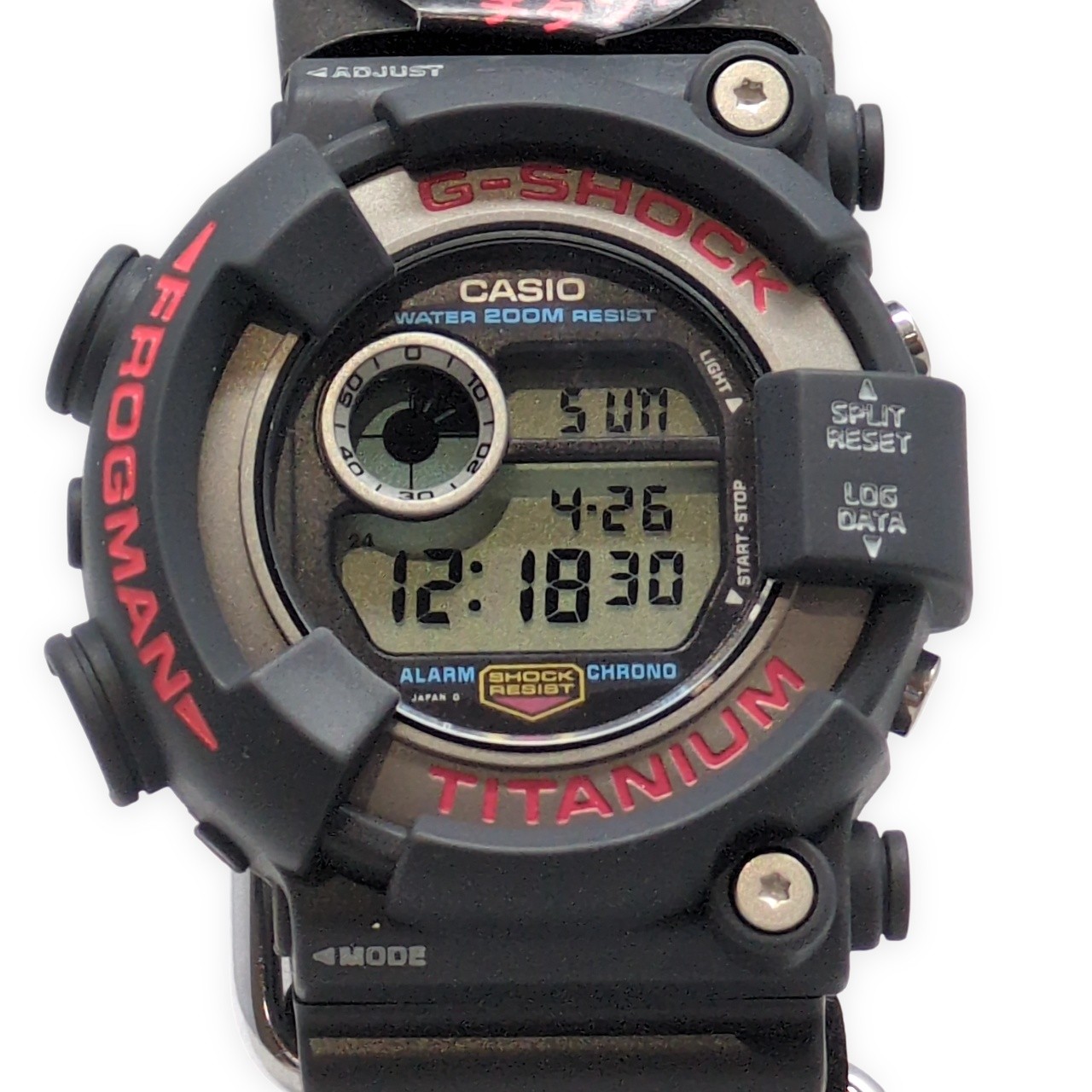 G-SHOCK ジーショック CASIO カシオ ウォッチ DW-8200-1A FROGMAN 2代目 潜水夫 チタン入れもの ELうしろ側点火装置 赤いことロゴタイプ うす暗い薄墨色 1995年6月発売 貝塚店 IT5ZIW0VAY8Q 【中古】