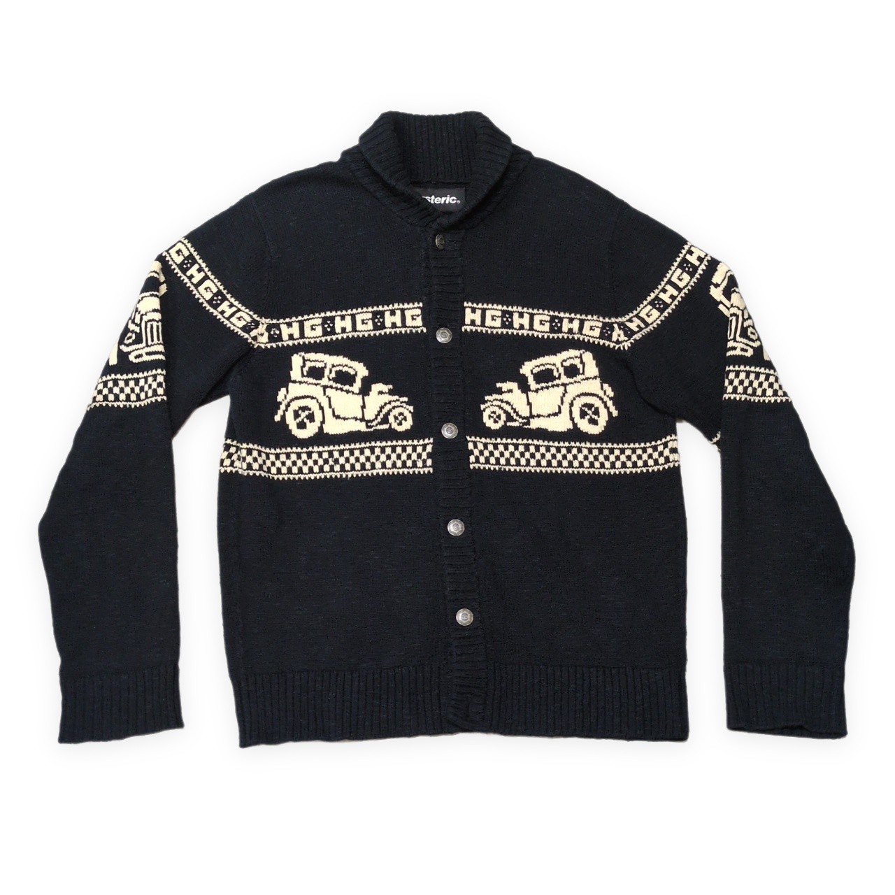 HYSTERIC GLAMOUR ヒステリックグラマー 00's クラシックカー ニットカーディガン ショールカラー メンズ 黒 ブラック Mサイズ オゾンコミュニティー 貝塚店 ITYFCJ6XF2OY 【中古】 RK2805D｜NEXT51店