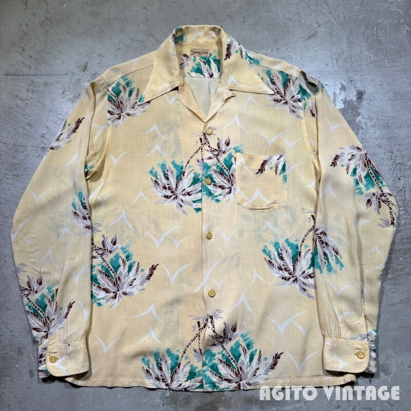 40\u0027s Seven Seas L/S ヴィンテージハワイアンシャツ 人絹 パームツリー 黄色 長袖 ロング尖んがり M アロハ 三国ケ丘店 ITQ95Z0L6AAQ 【中古】 RM3374H