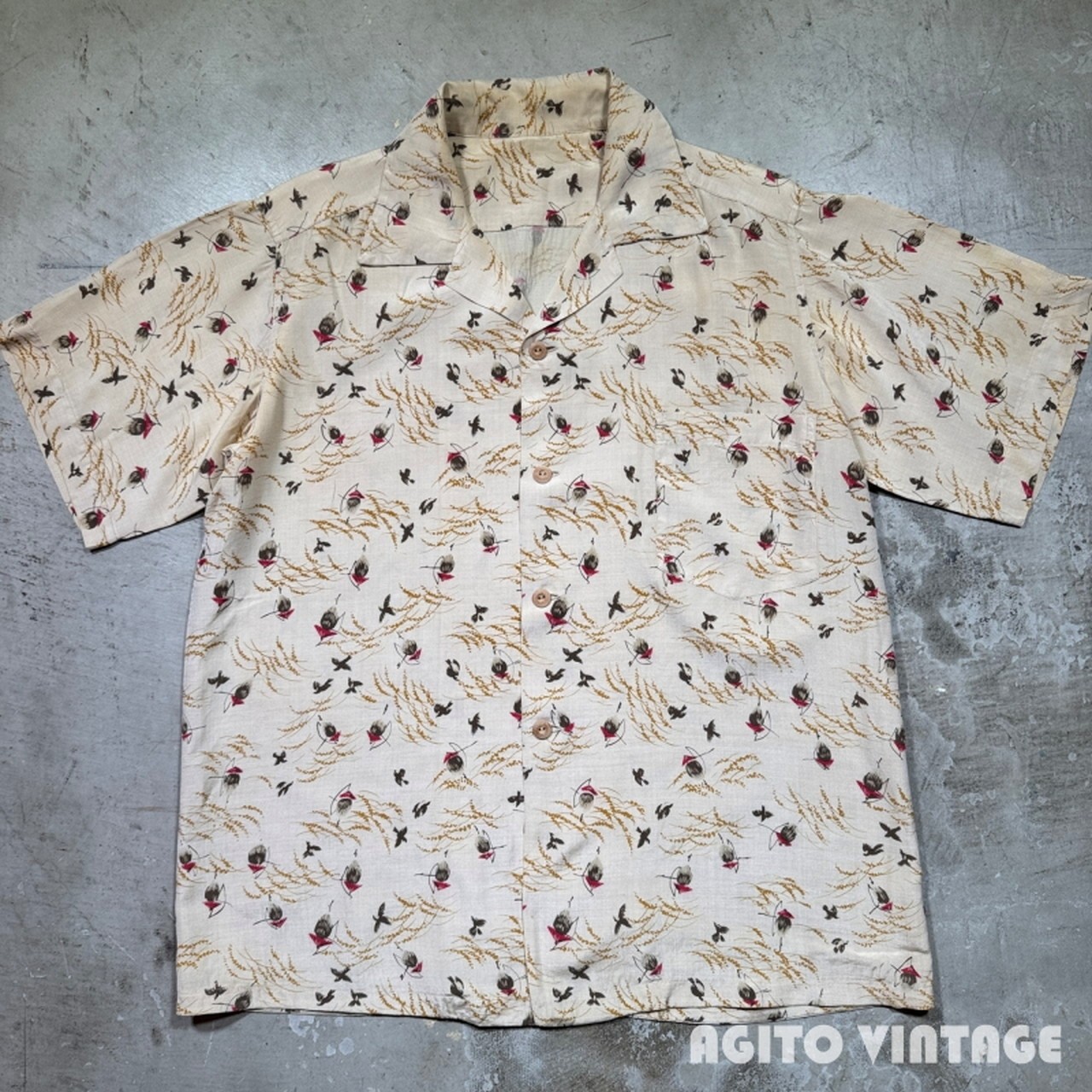 Unknown 50's~ シルクハワイアンシャツ S/S 稲穂 雀 案山子 和柄 バンブーボタン ベージュ系 開襟 M~L相当 三国ケ丘店 ITASJ86C0R8G 【中古】 RM3380H|NEXT51店