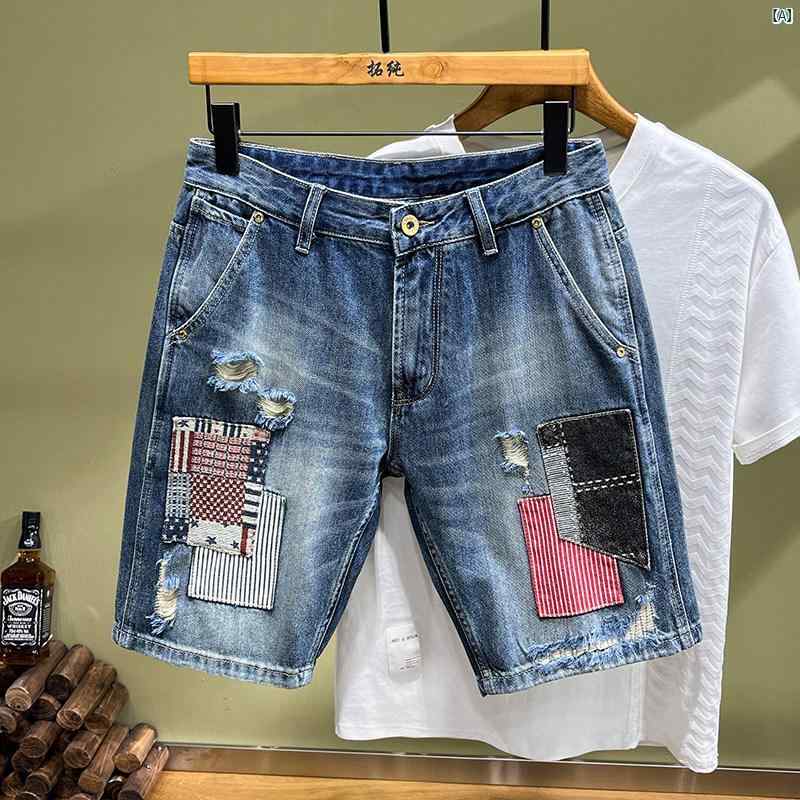 高級 カーゴ オートバイ デニムショートパンツ メンズファッション パッチ 穴 ミッド パンツ 夏 薄手 五分丈