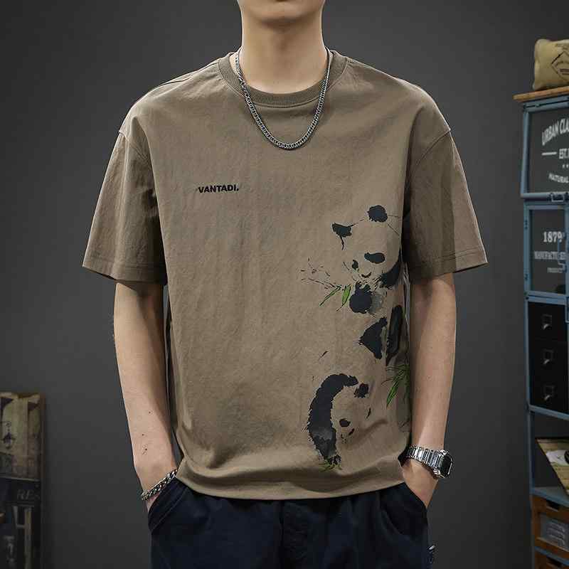 リネン 素材 クール クルーネック 半袖 Tシャツ メンズ ゆったり フィット プリント 5本袖 Tシャツ
