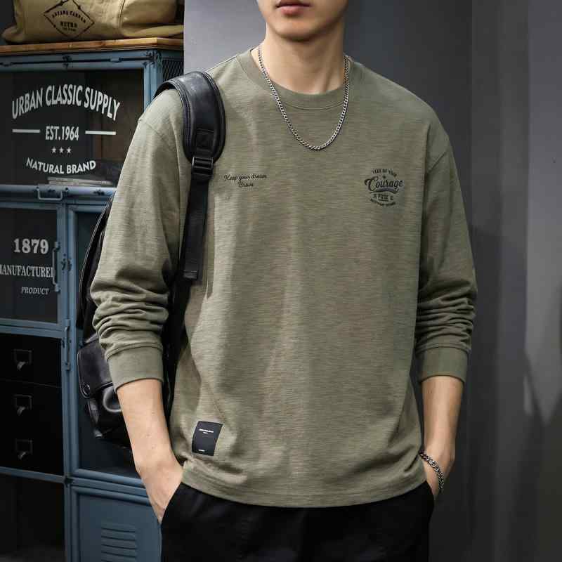 プリント 綿 長袖 Tシャツ メンズ 春 綿 ラウンドネック Tシャツ メンズ ベースレイヤー トップ