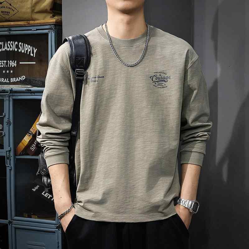 春 コットン 長袖 Tシャツ 厚手 クール ゆったり フィット カジュアル クルーネック ベースレイヤー