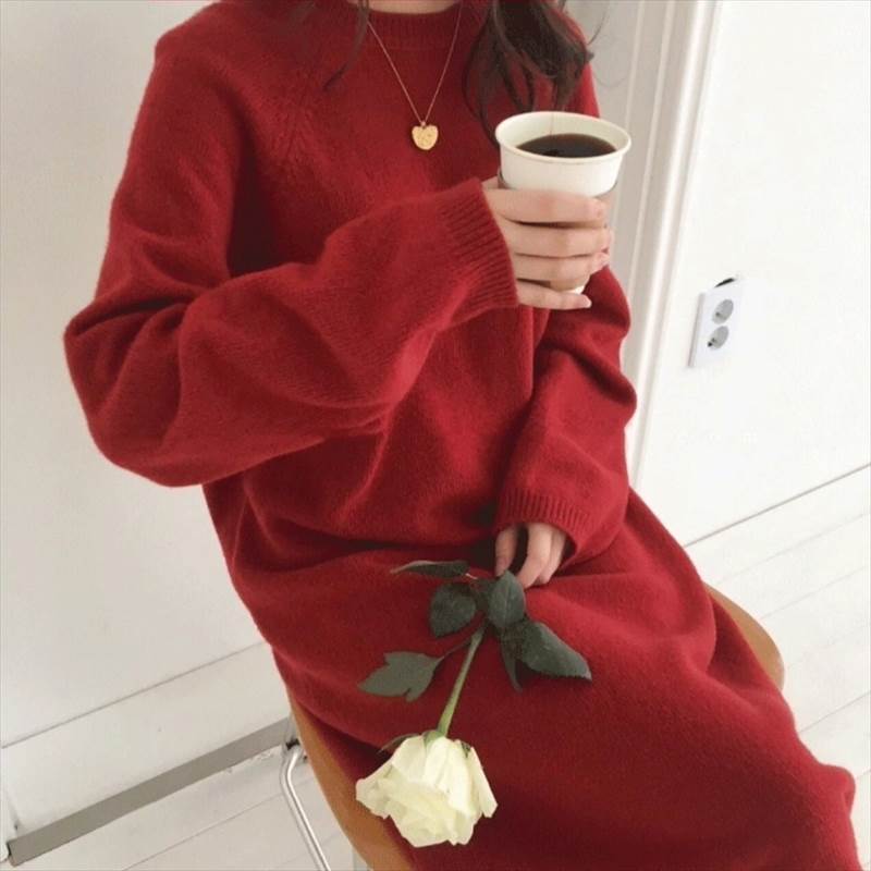 マキシワンピース ニットワンピース ロング丈 マキシ丈 ラウンドネック 長袖 ワイド ストレート Iライン ニット キュ