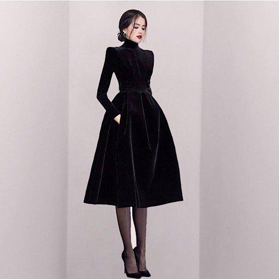 XL L M S 黒いこと 窈窕たる レトロ タートルネック 低身の丈 同窓会 フォーマルドレス お召しもの 秋冬 お呼ばれ 婚礼の儀 二次会 ロング丈 レディースファッション-ドレス