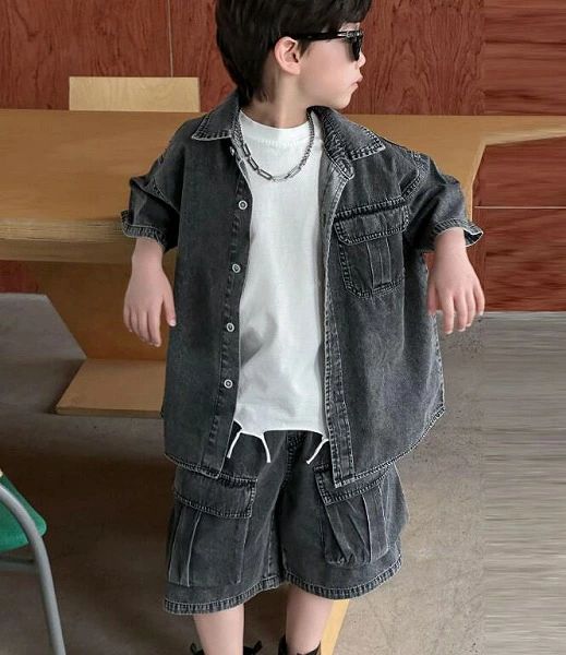 ボーイス　トップス+ショートパンツ　デニムセットアップ　★100-160CM