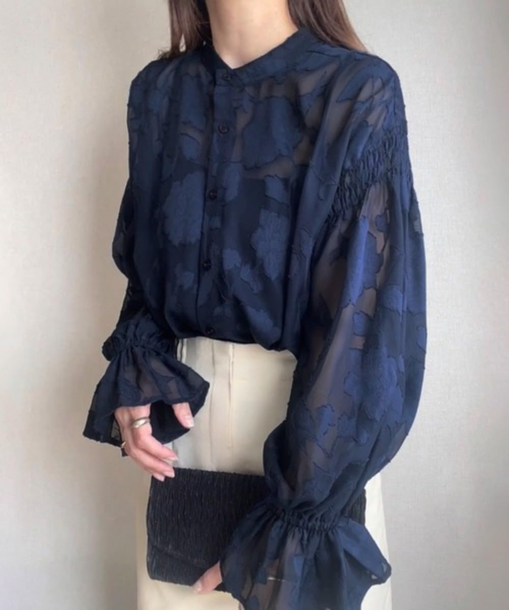[] 冬 秋 夏 春 オフィス デート ゆったり 前後2WAY おしゃれ 刺繍 花柄 ランタンスリーブ 立ち襟 前開き トップス シースルー