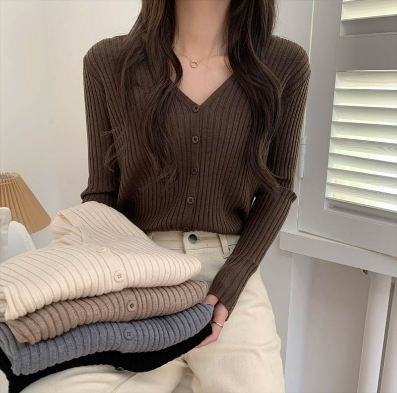 オフィス 大人可愛い オフィス 学校 ストレート 冬 長袖 無地 シンプル 学生 Vネック 春 カーディガン セーター 前開