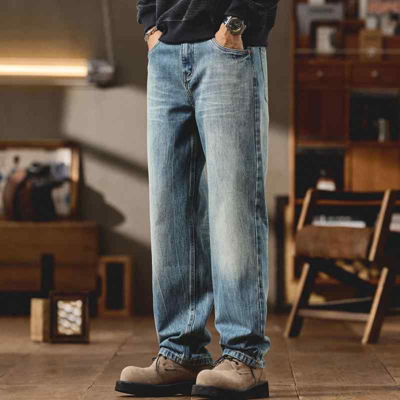 アメリカン レトロ ライト ブルー ジーンズ メンズ ストレート レッグ ワイドレッグ パンツ