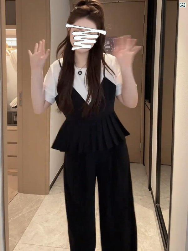 大きめサイズ 大きいサイズレディース ブラック フェイク 2点 トップス ワイド パンツ 肉 感