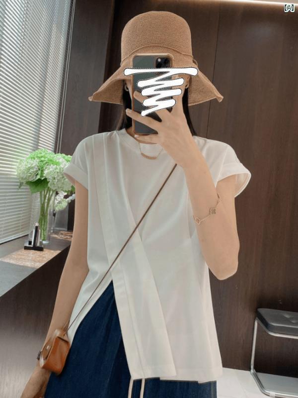 大きめサイズ 大きいサイズ ホワイト 右 肩 半袖 Tシャツ レディース 夏 mm サイドスリット