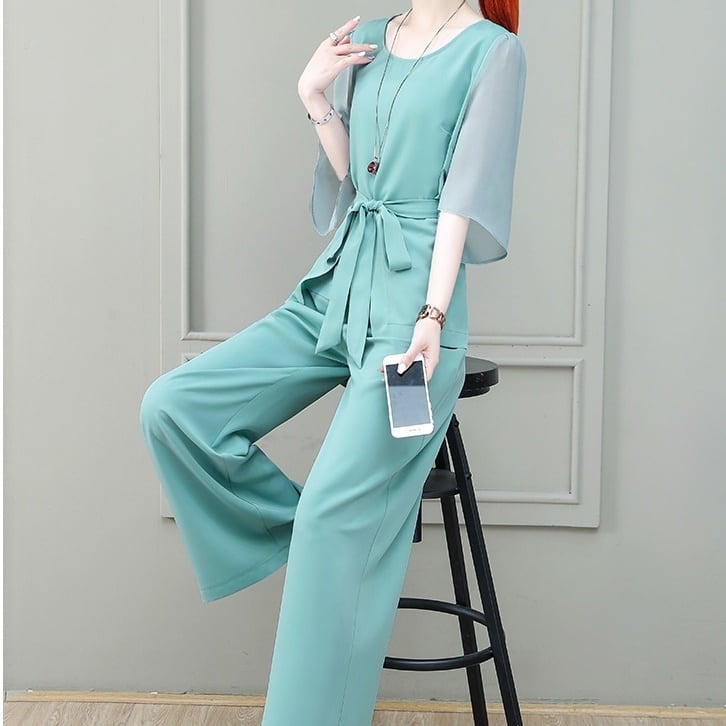 ブラウス スーツ ミモレ丈 パンツ ワイド シフォン ハイウエスト 切り替え 2点セット ボウタイ リボン ウエストマ